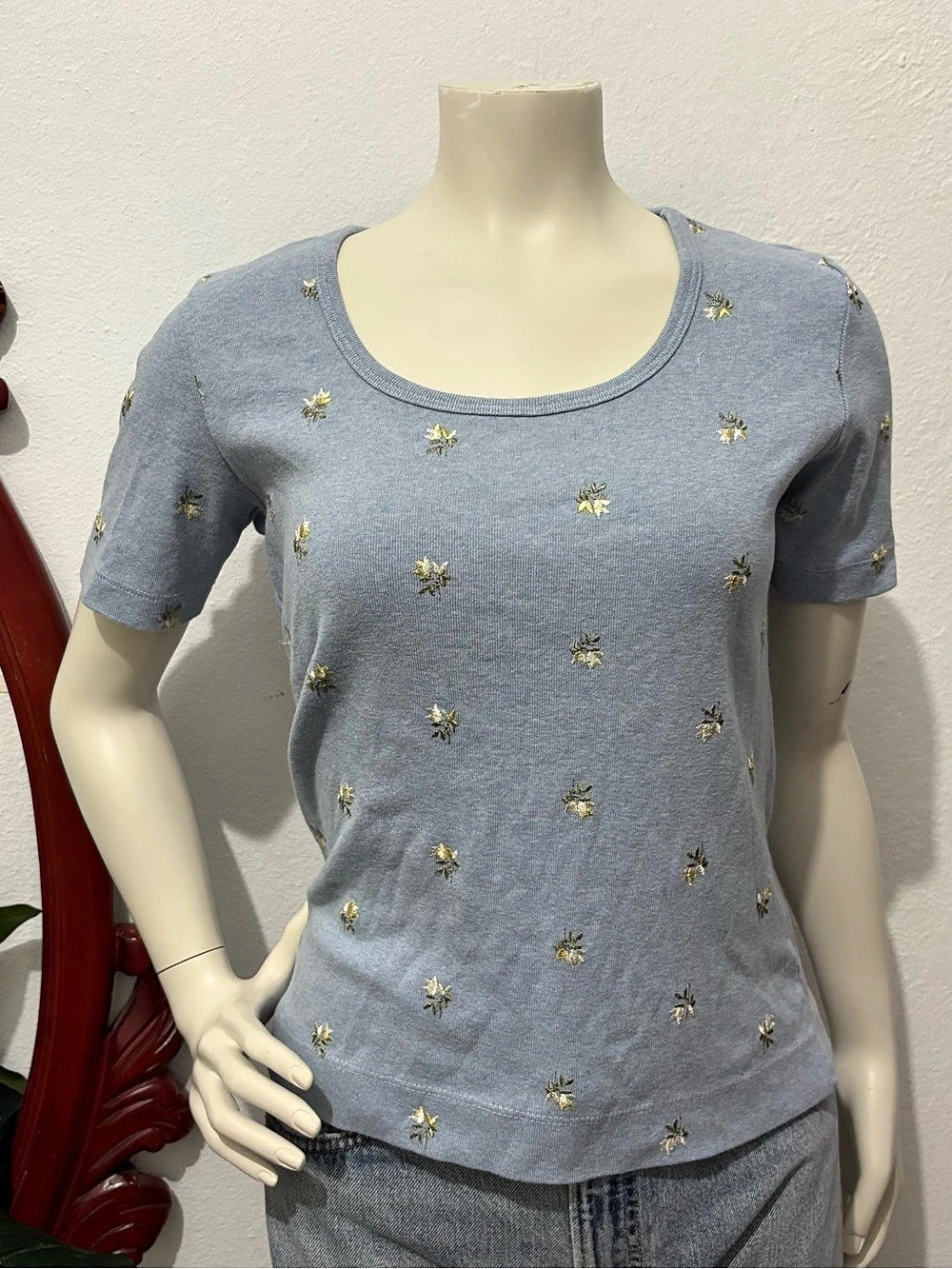 Liz Claiborne Cotton Blend Embroidered Short Sleeve Tee Blue Size Medium
